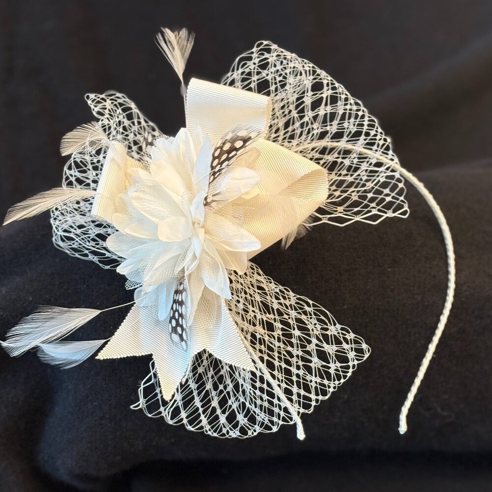 HEADBAND_Bridal/Special Occasion Silk Flower Grosgrain Ribbon, Feathers, English